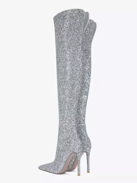 Bottes cuissardes à paillettes Bottes argentées à bout pointu et à talons hauts au-dessus du genou
