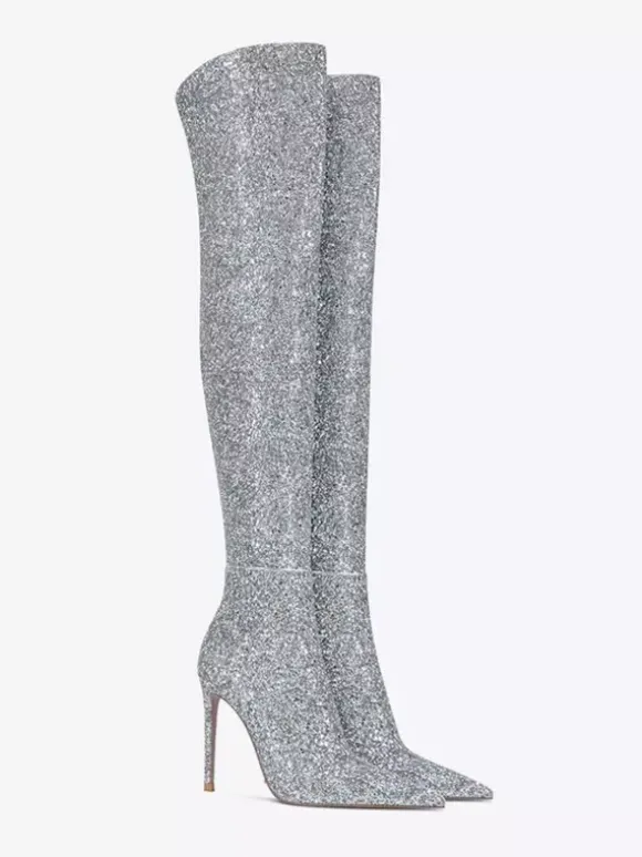 Bottes cuissardes à paillettes Bottes argentées à bout pointu et à talons hauts au-dessus du genou