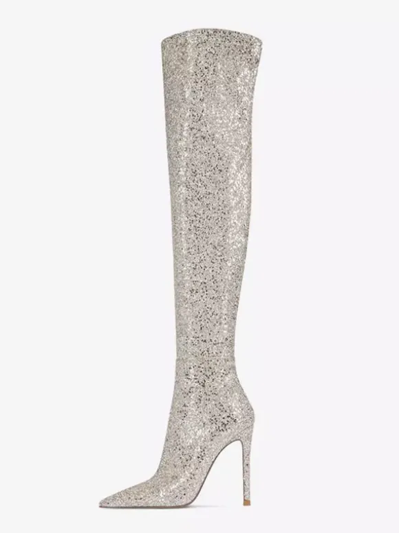 Bottes cuissardes à paillettes Bottes argentées à bout pointu et à talons hauts au-dessus du genou