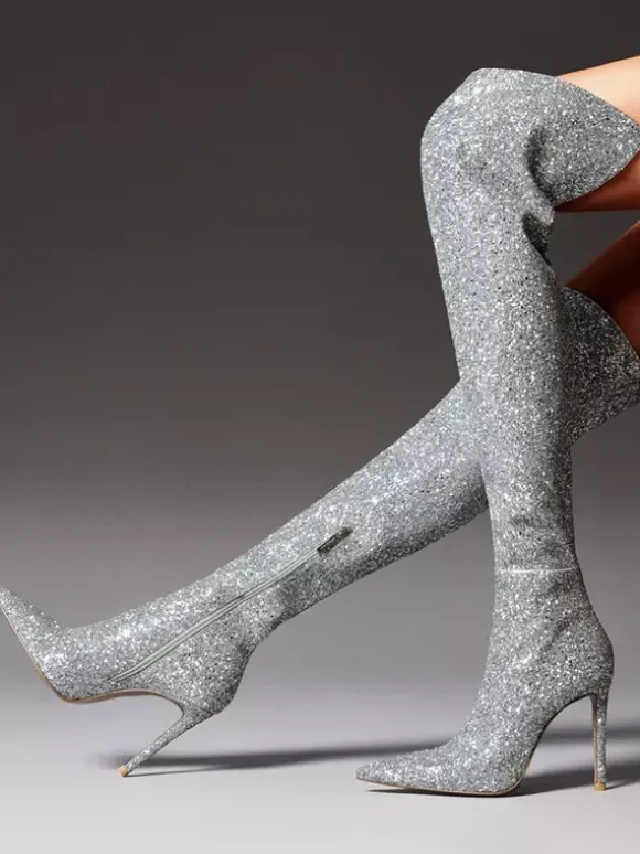 Bottes cuissardes à paillettes Bottes argentées à bout pointu et à talons hauts au-dessus du genou