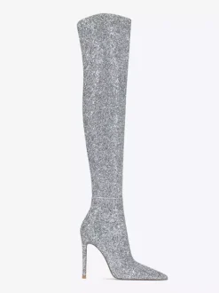 Bottes cuissardes à paillettes Bottes argentées à bout pointu et à talons hauts au-dessus du genou