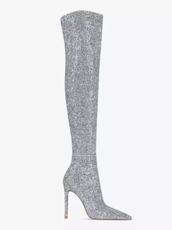 Bottes cuissardes à paillettes Bottes argentées à bout pointu et à talons hauts au-dessus du genou