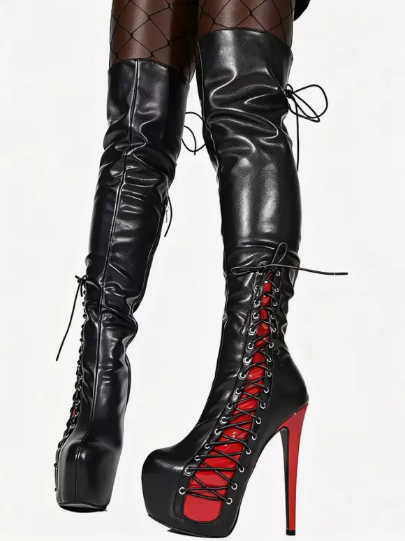 Bottes cuissardes sexy unisexes à plateforme et lacets à talons hauts au-dessus du genou