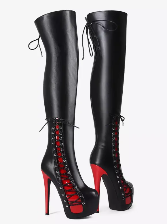 Bottes cuissardes sexy unisexes à plateforme et lacets à talons hauts au-dessus du genou
