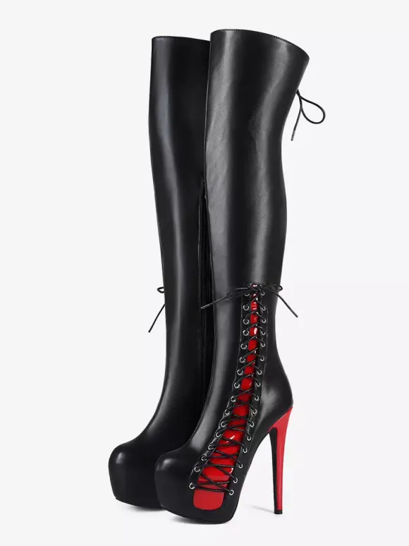 Bottes cuissardes sexy unisexes à plateforme et lacets à talons hauts au-dessus du genou