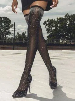 Bottes cuissardes à talon aiguille strass pour femmes