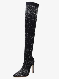 Bottes cuissardes à talon aiguille strass pour femmes