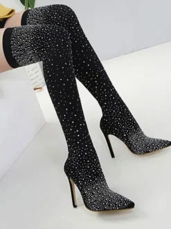 Bottes cuissardes à talon aiguille strass pour femmes