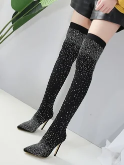 Bottes cuissardes à talon aiguille strass pour femmes
