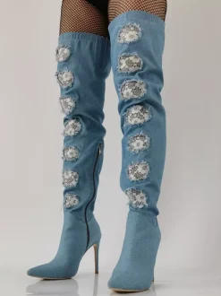 Bottes cuissardes à talons hauts bottes en jean à bout pointu et détails en dentelle au-dessus du genou