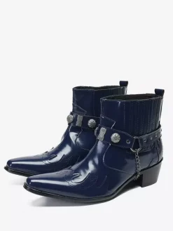 Bottes de cowboy courtes Chelsea en cuir de vache à bout pointu et lanières mentales pour hommes