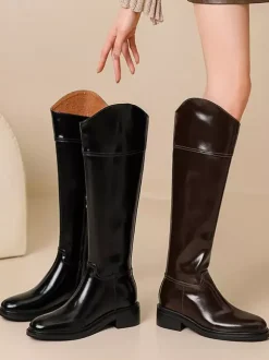 Bottes d'équitation noires pour femmes bottes plates à bout rond