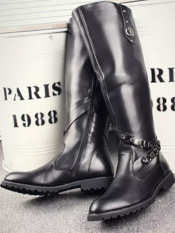 Bottes d'équitation pour hommes noires bout rond boucle montantes jusqu'aux genoux