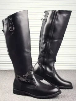 Bottes d'équitation pour hommes noires bout rond boucle montantes jusqu'aux genoux