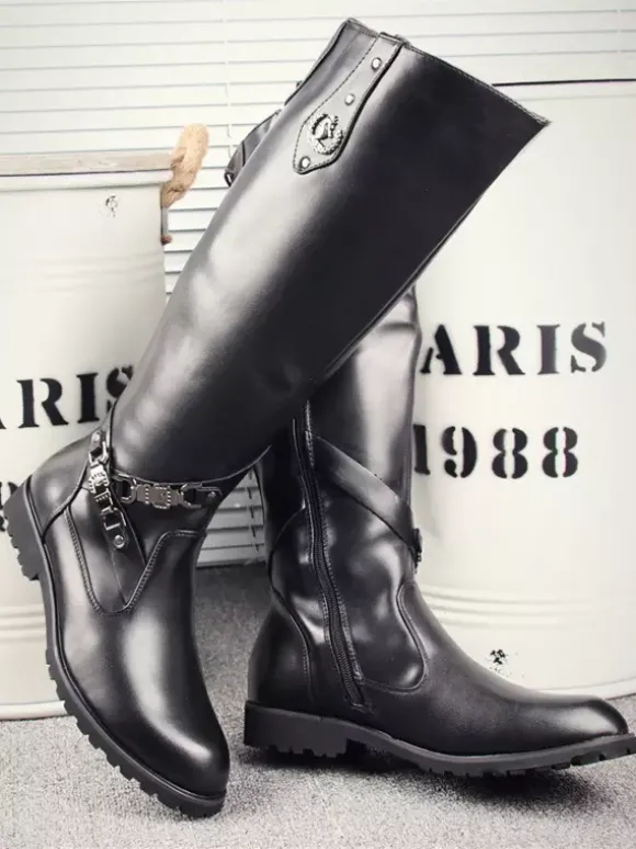 Bottes d'équitation pour hommes noires bout rond boucle montantes jusqu'aux genoux