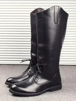 Bottes d'équitation pour hommes noires à bout rond et à lacets montantes jusqu'aux genoux