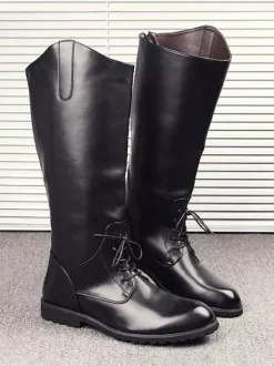 Bottes d'équitation pour hommes noires à bout rond et à lacets montantes jusqu'aux genoux