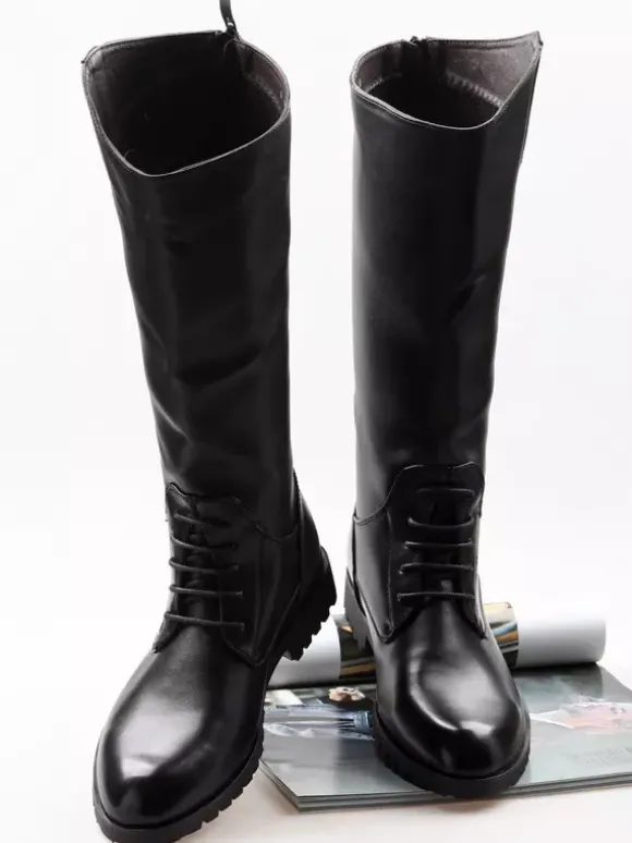 Bottes d'équitation pour hommes noires à bout rond et à lacets montantes jusqu'aux genoux