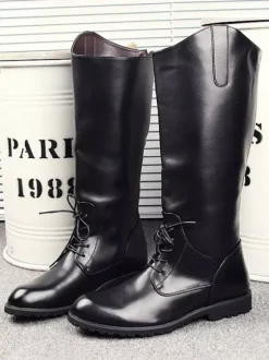 Bottes d'équitation pour hommes noires à bout rond et à lacets montantes jusqu'aux genoux