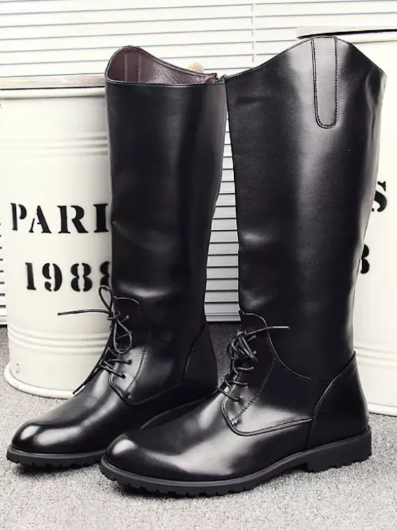 Bottes d'équitation pour hommes noires à bout rond et à lacets montantes jusqu'aux genoux