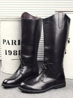 Bottes d'équitation pour hommes noires à bout rond et à lacets montantes jusqu'aux genoux