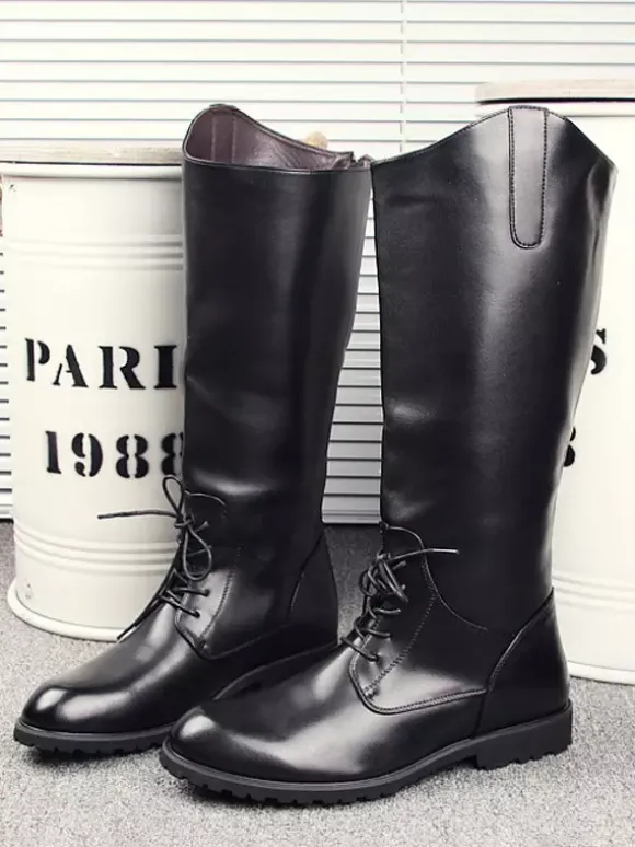 Bottes d'équitation pour hommes noires à bout rond et à lacets montantes jusqu'aux genoux