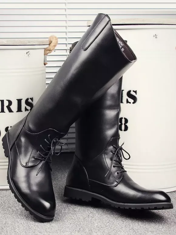 Bottes d'équitation pour hommes noires à bout rond et à lacets montantes jusqu'aux genoux
