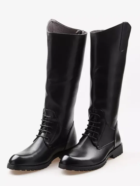 Bottes d'équitation pour hommes noires à bout rond et à lacets montantes jusqu'aux genoux
