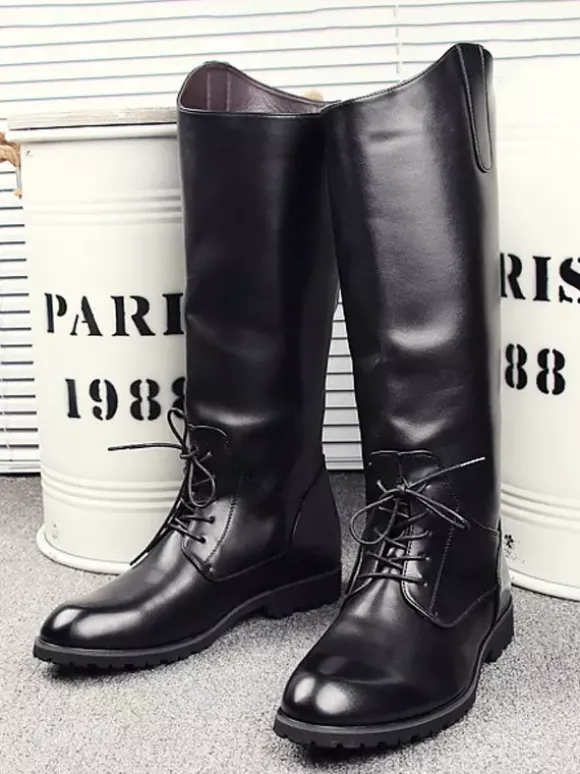 Bottes d'équitation pour hommes noires à bout rond et à lacets montantes jusqu'aux genoux