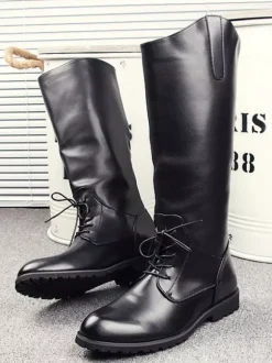 Bottes d'équitation pour hommes noires à bout rond et à lacets montantes jusqu'aux genoux