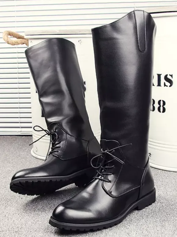 Bottes d'équitation pour hommes noires à bout rond et à lacets montantes jusqu'aux genoux