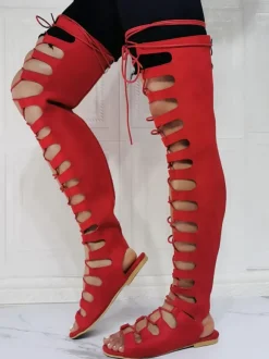 Bottes d'été rouges à bout ouvert talon plat micro daim sandales gladiateur d'été