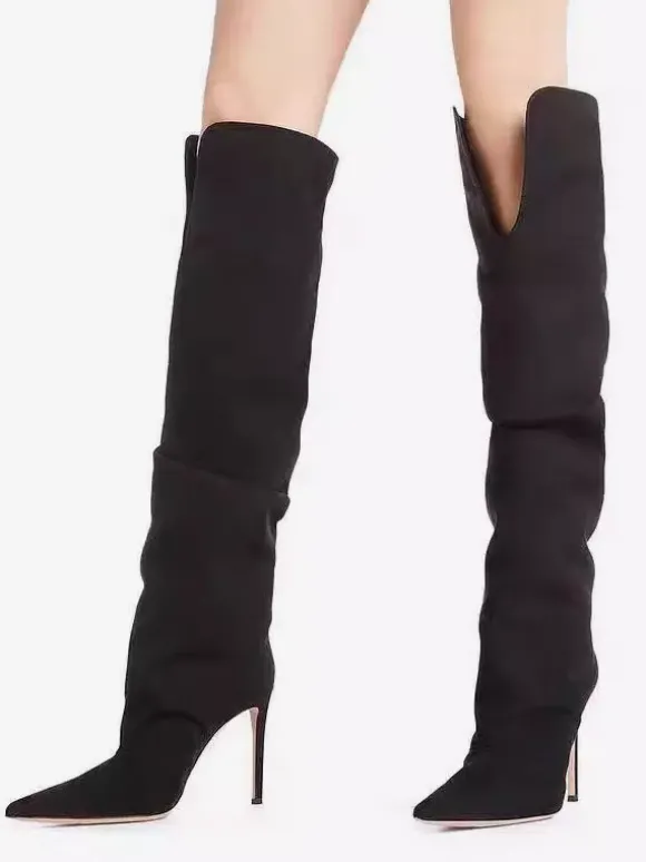 Bottes en daim au-dessus du genou Bottes à talons hauts à bout pointu en daim pour femmes