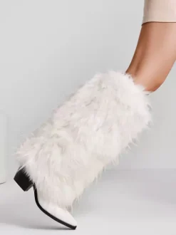Bottes en fausse fourrure pour femmes bout pointu talon épais bottes hautes au genou