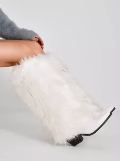 Bottes en fausse fourrure pour femmes bout pointu talon épais bottes hautes au genou