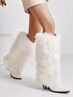 Bottes en fausse fourrure pour femmes bout pointu talon épais bottes hautes au genou