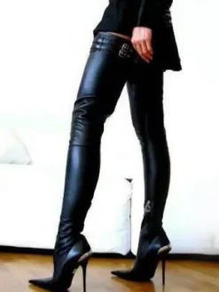 Bottes Femmes 2026 Noir Cuisse Haute Sexy Bottes Bout Pointu Talon Aiguille Bottes Au-dessus de Genou