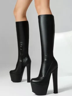Bottes Femme Verni Sexy Bout Rond Talon Épais Cuissardes Plateforme Épais