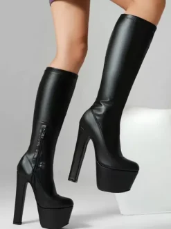 Bottes Femme Verni Sexy Bout Rond Talon Épais Cuissardes Plateforme Épais