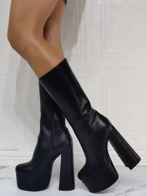 Bottes Gogo violettes sexy à plateforme et talon compensé mi-mollet noires