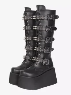 Bottes Gothic Lolita en cuir PU bout rond talon compensé noir