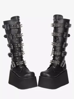 Bottes Gothic Lolita en cuir PU bout rond talon compensé noir