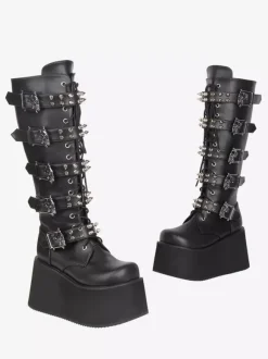 Bottes Gothic Lolita en cuir PU bout rond talon compensé noir