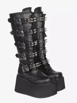 Bottes Gothic Lolita en cuir PU bout rond talon compensé noir