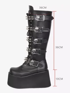 Bottes Gothic Lolita en cuir PU bout rond talon compensé noir