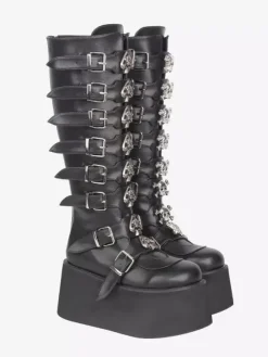 Bottes Gothic Lolita noires en PU à bout rond et talon compensé chaussures Lolita à plateforme