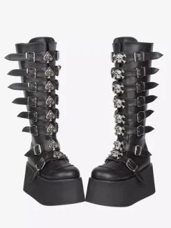 Bottes Gothic Lolita noires en PU à bout rond et talon compensé chaussures Lolita à plateforme