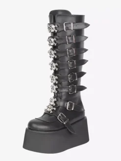 Bottes Gothic Lolita noires en PU à bout rond et talon compensé chaussures Lolita à plateforme