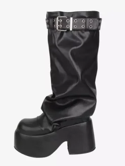 Bottes Gothic Lolita noires en PU à bout rond et talon compensé en cuir PU