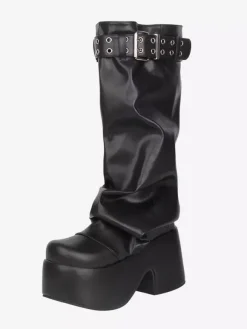 Bottes Gothic Lolita noires en PU à bout rond et talon compensé en cuir PU